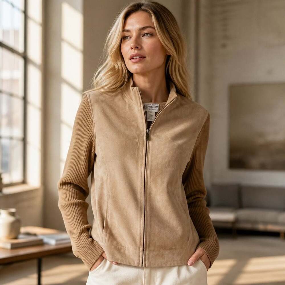 Pendleton Petite Tan Leather Front & Merino Wool Knit Back Zip Jacket Size M